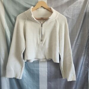 Free People Greta Ivory Ribbed Half Zip Cropped Sweater S Cozy Minimalist Soft